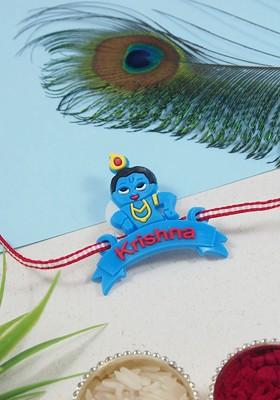 Red Boys Shri Krishna Thread Rakhi With Roli Chawal And Greeting Card