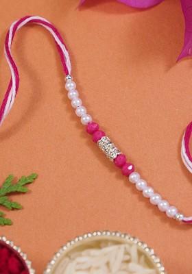 Pink Boys Pearls Beaded Thread Rakhi With Roli Chawal And Greeting Card