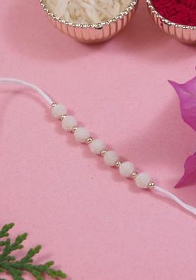 White Boys Beaded Thread Rakhi With Roli Chawal And Greeting Card