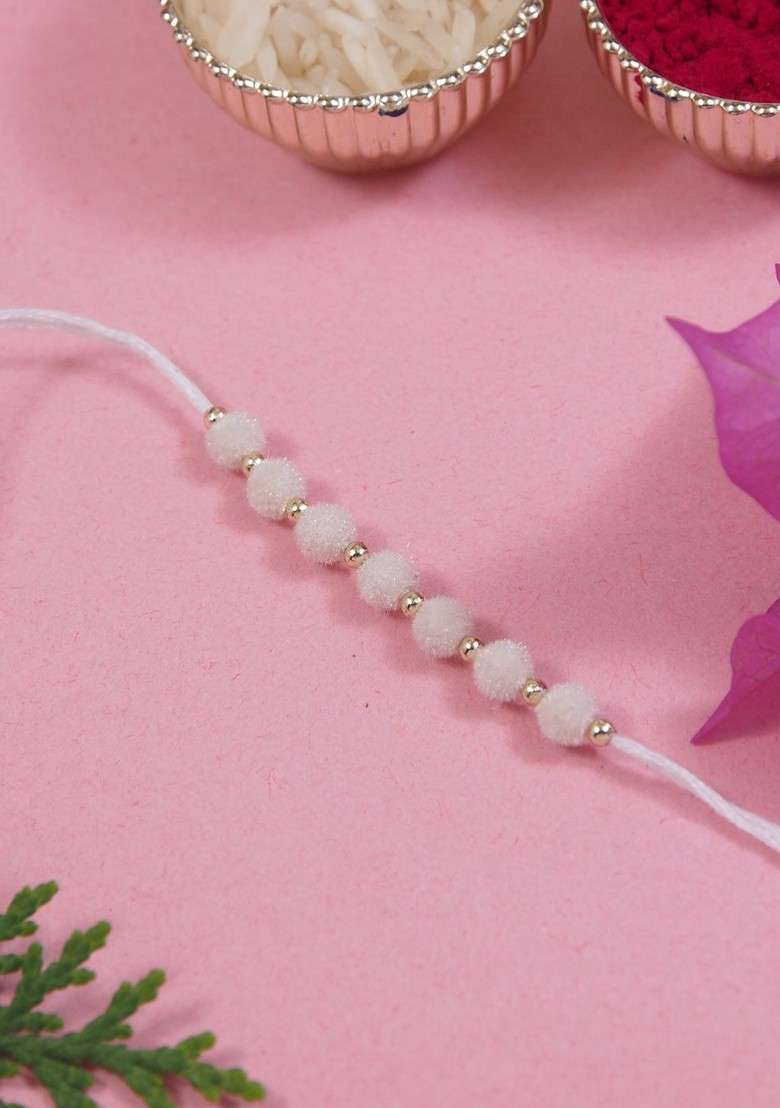 White Boys Beaded Thread Rakhi With Roli Chawal And Greeting Card - Indya