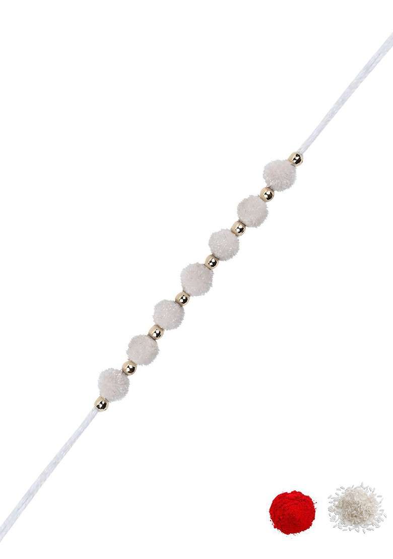 White Boys Beaded Thread Rakhi With Roli Chawal And Greeting Card - Indya