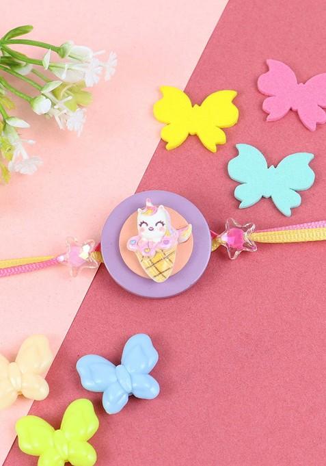 Purple Boys Unicorn Icecream Thread Rakhi With Roli Chawal