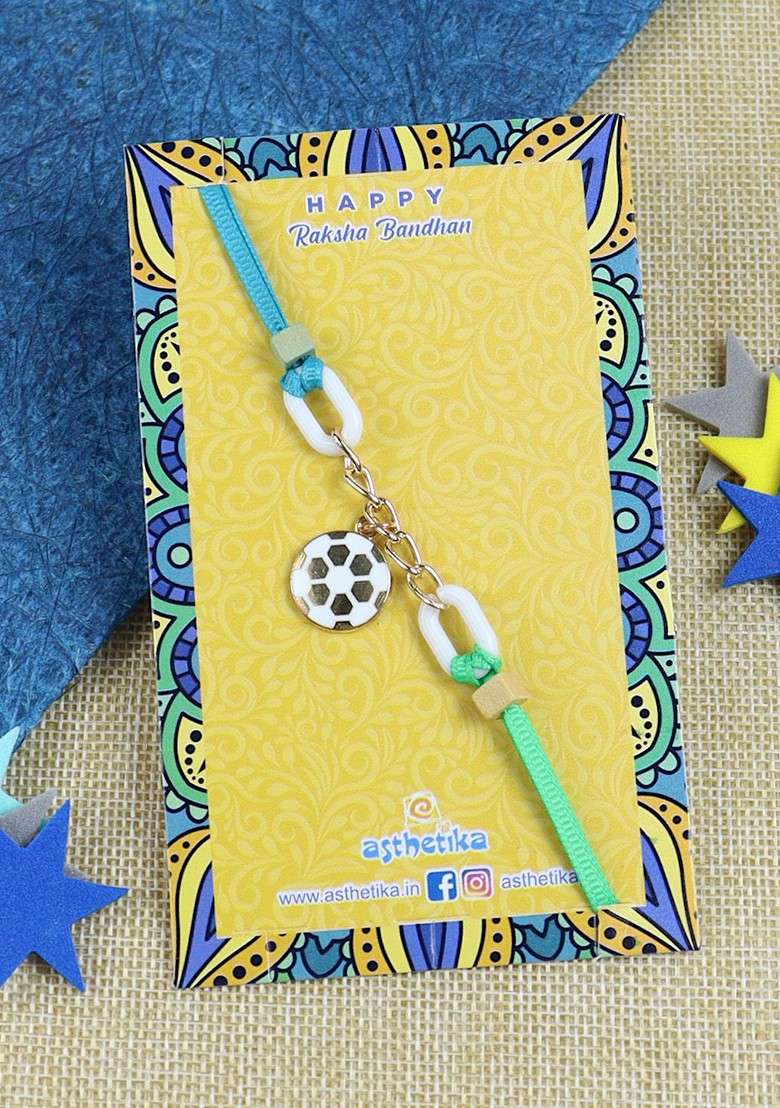 White Boys Football Hanging Charm Thread Rakhi With Roli Chawal - Indya