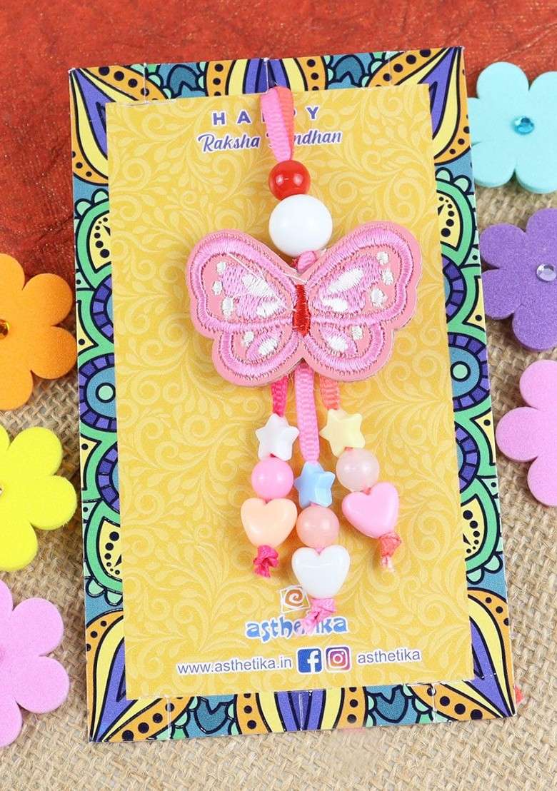Girls Butterfly Charm And Beaded Lumba Rakhi - Indya
