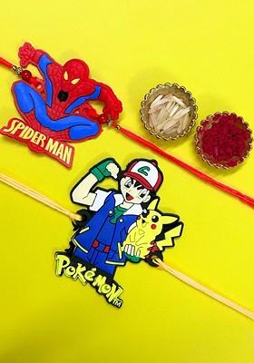 Blue Kids Set Of 2 Spiderman And Pokemon Thread Rakhis With Roli Chawal