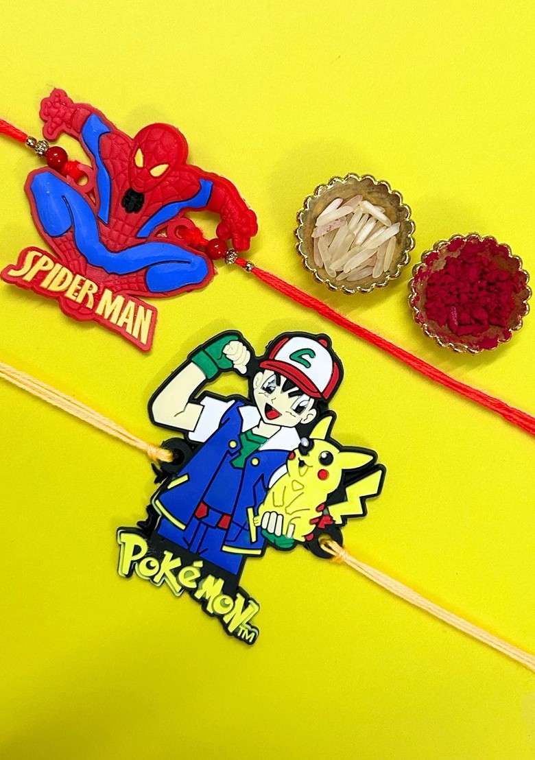 Blue Kids Set Of 2 Spiderman And Pokemon Thread Rakhis With Roli Chawal - Indya