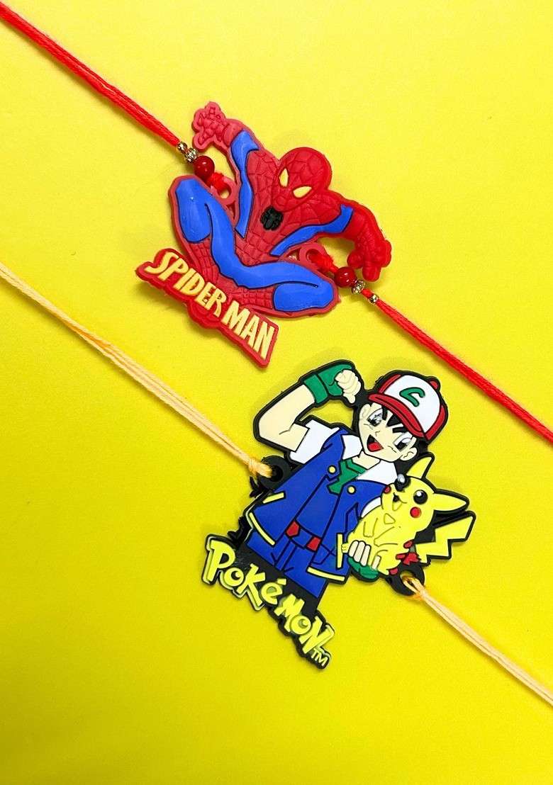 Blue Kids Set Of 2 Spiderman And Pokemon Thread Rakhis With Roli Chawal - Indya