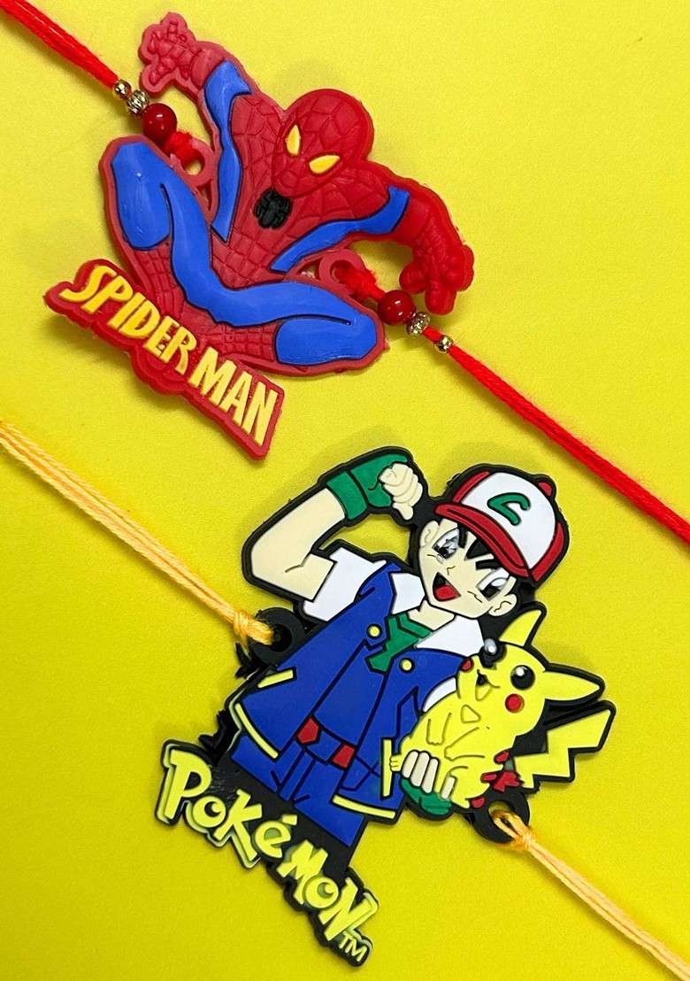 Blue Kids Set Of 2 Spiderman And Pokemon Thread Rakhis With Roli Chawal - Indya