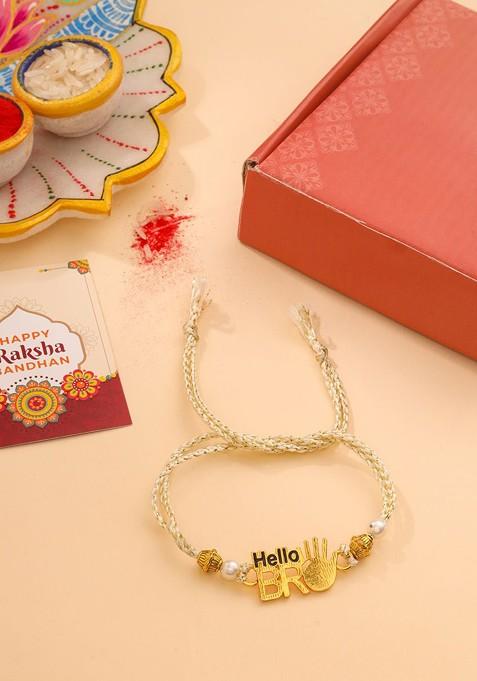 Cream Set Of 2 Hello Bro Thread Rakhi With Teddy Bear And Roli Chawal