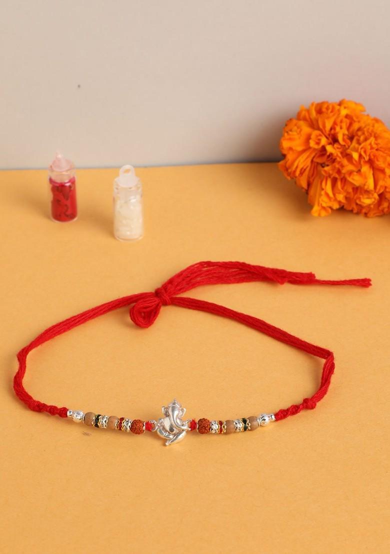 925 Streling Silver Ganesh Rakhi With Rudraksha Beads - Indya