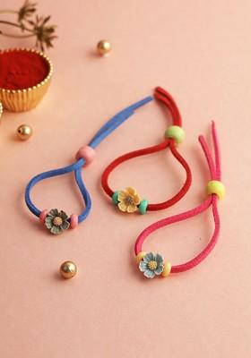 Red Set Of 3 Floral Wraparound Rakhis With Roli Chawal And Greeting Card