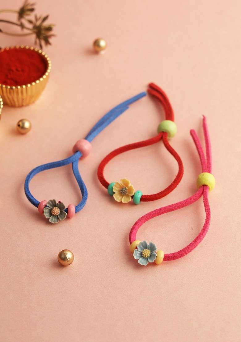 Red Set Of 3 Floral Wraparound Rakhis With Roli Chawal And Greeting Card - Indya