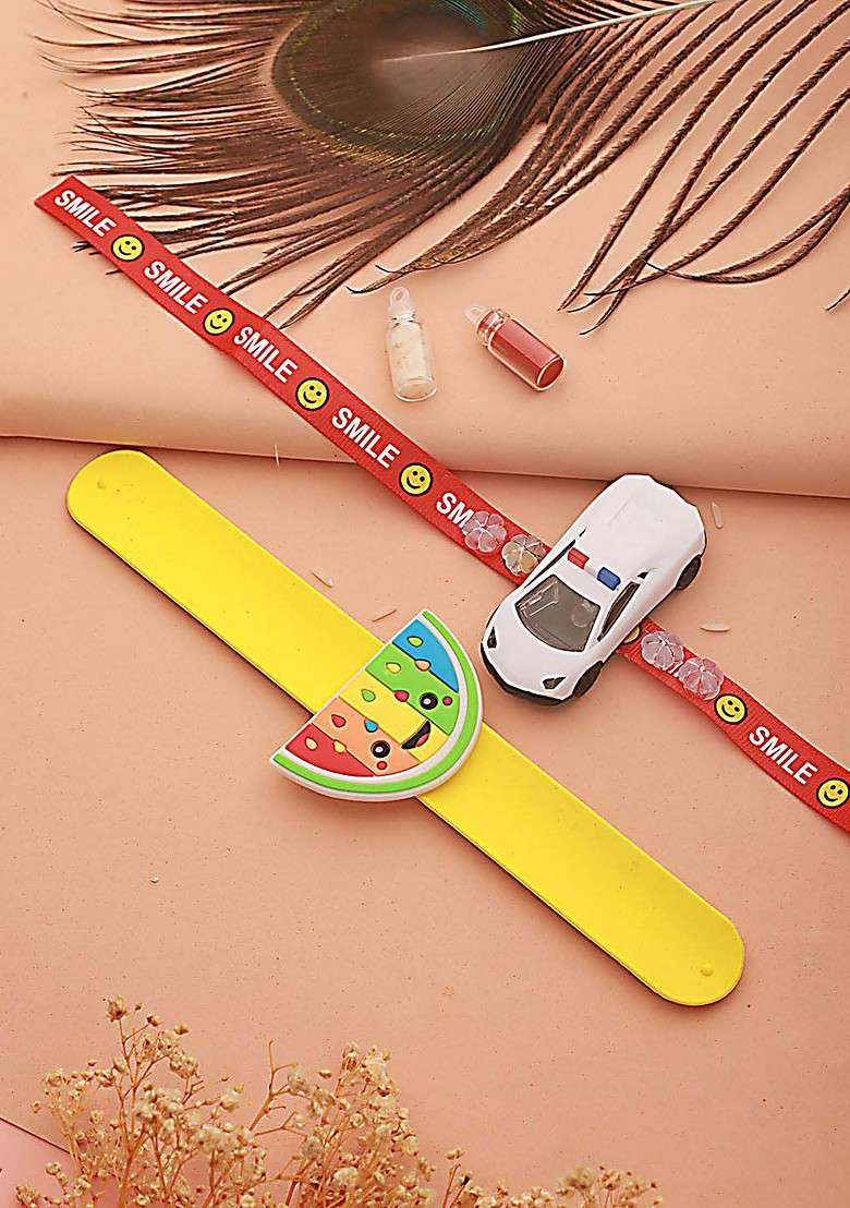 Yellow Set Of 2 Light Car And Watermelon Band Wraparound Rakhi With Roli Chawal - Indya