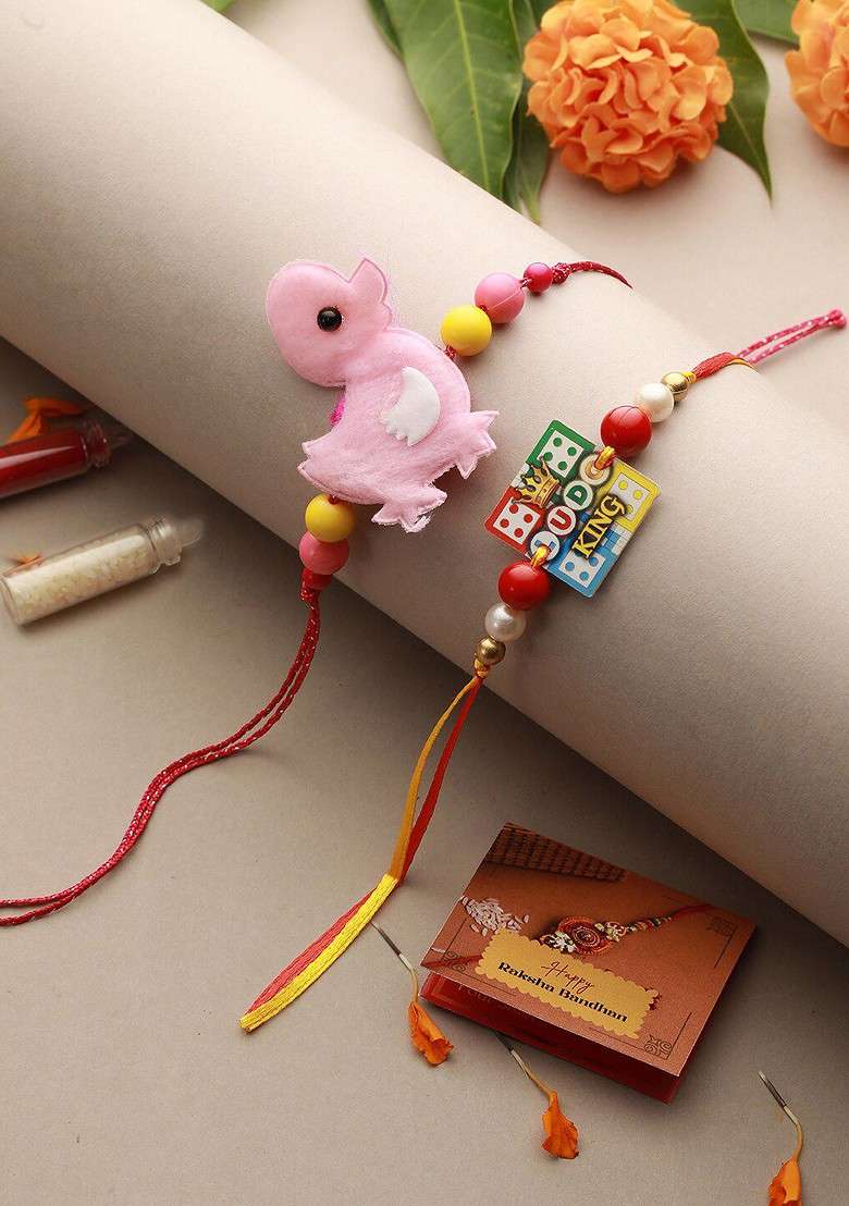 Red Kids Set Of 2 Duckling And Ludo Charm Thread Rakhis - Indya