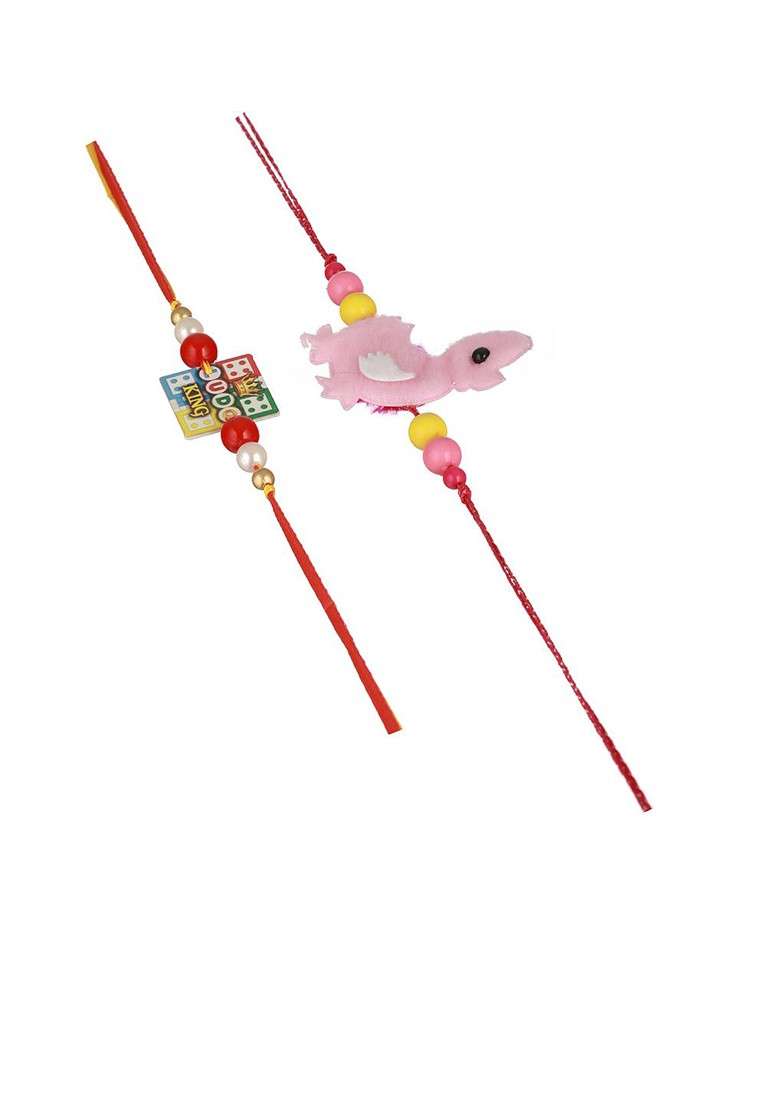 Red Kids Set Of 2 Duckling And Ludo Charm Thread Rakhis - Indya