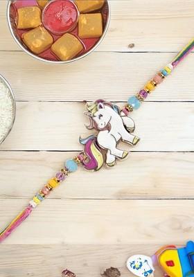 Yellow Beaded Little Unicorn With Colorful Hair Thread Rakhi