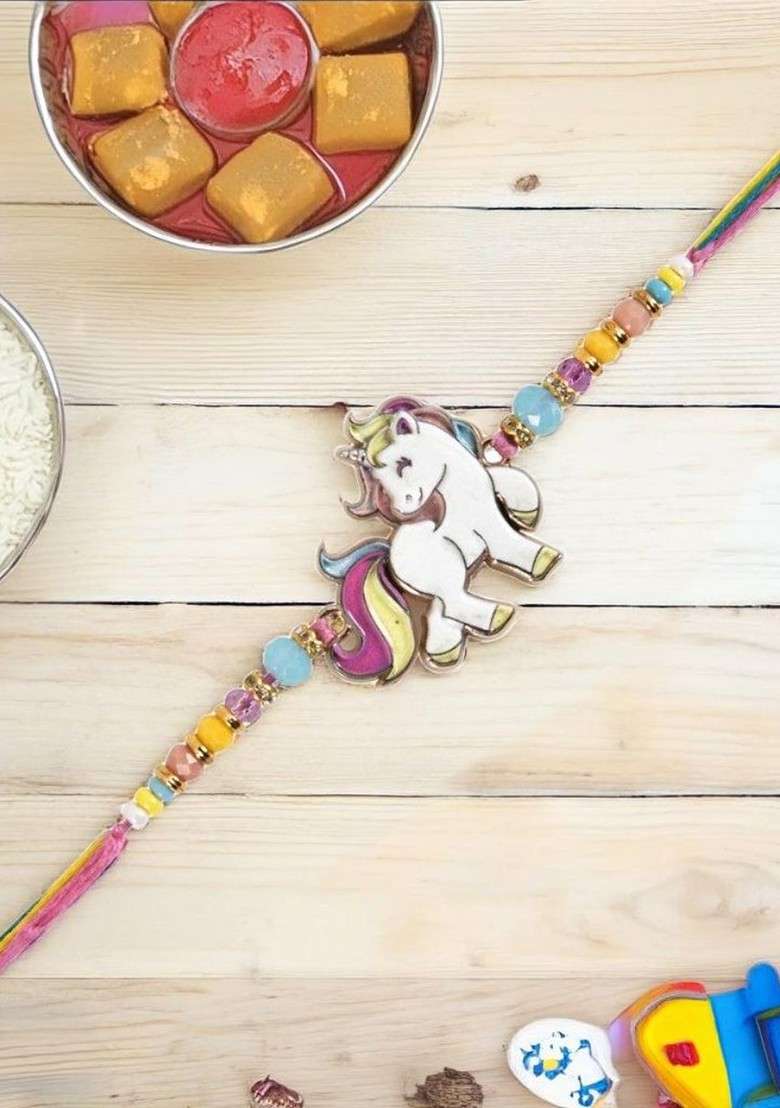 Yellow Beaded Little Unicorn With Colorful Hair Thread Rakhi - Indya