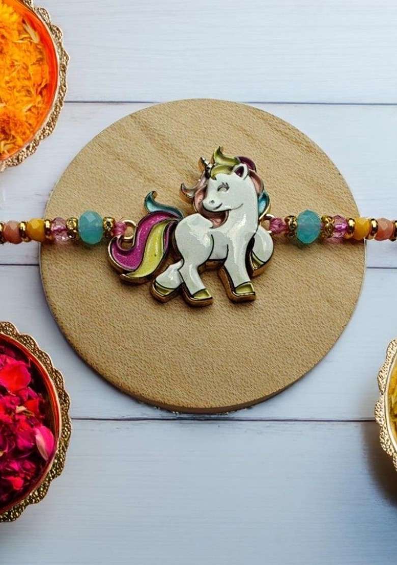 Yellow Beaded Little Unicorn With Colorful Hair Thread Rakhi - Indya