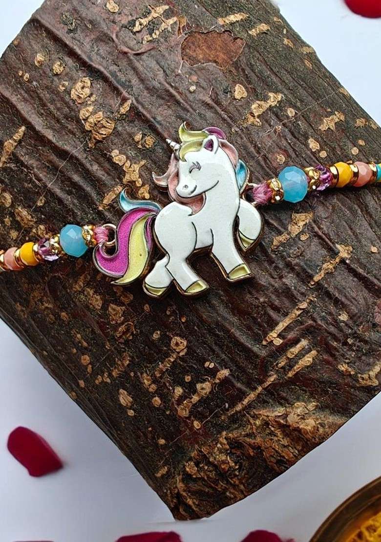 Yellow Beaded Little Unicorn With Colorful Hair Thread Rakhi - Indya