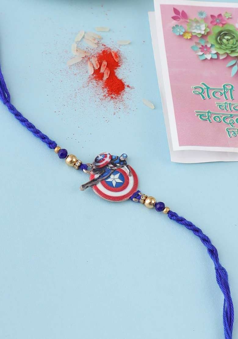 Blue Kids Superhero Artificial Beads Thread Rakhi With Roli Chawal Chandan Mishri - Indya