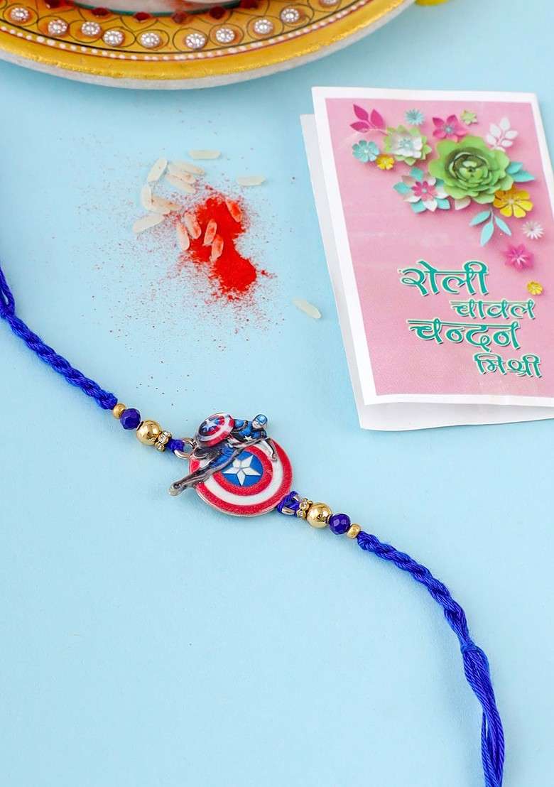 Blue Kids Superhero Artificial Beads Thread Rakhi With Roli Chawal Chandan Mishri - Indya