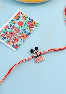 Black Kids Micky Mouse Character Artificial Beads Thread Rakhi With Roli Chawal