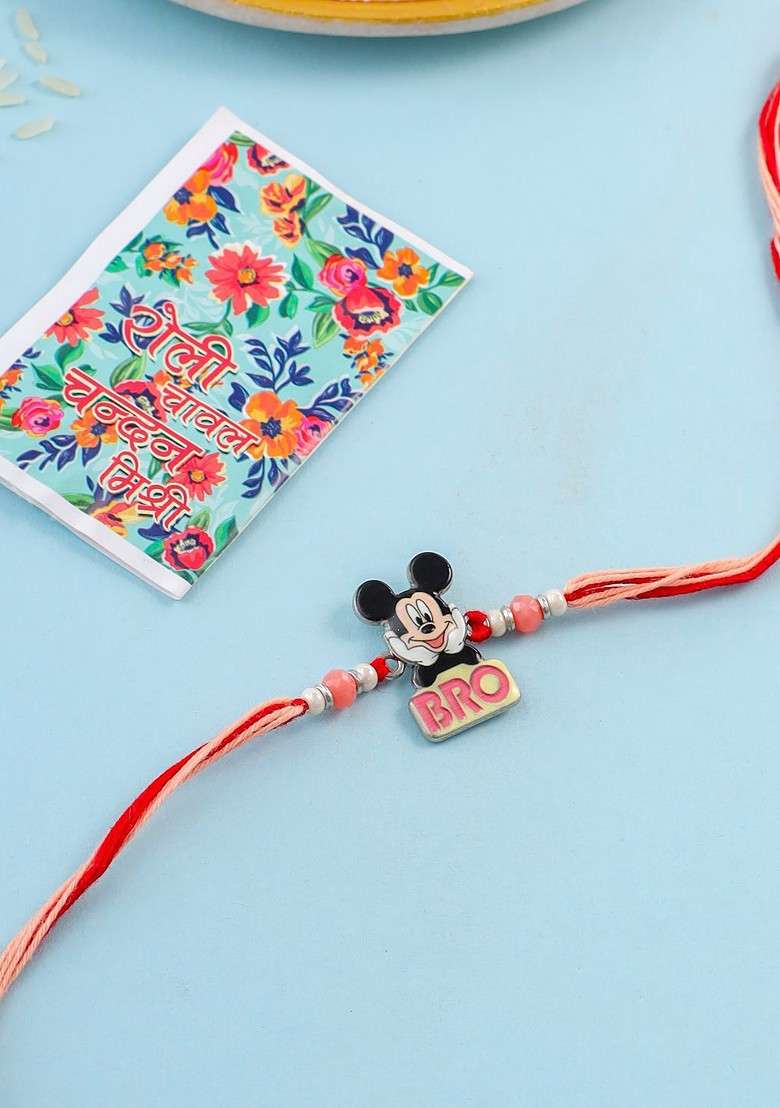 Black Kids Micky Mouse Character Artificial Beads Thread Rakhi With Roli Chawal - Indya