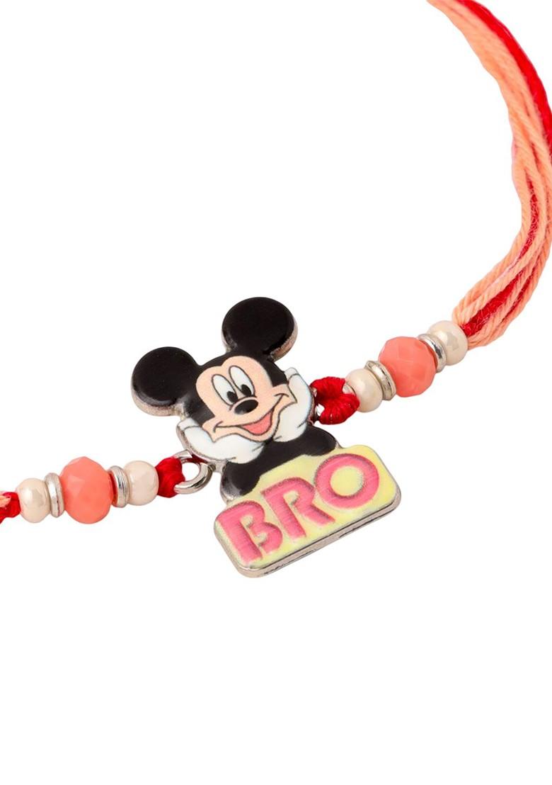Black Kids Micky Mouse Character Artificial Beads Thread Rakhi With Roli Chawal