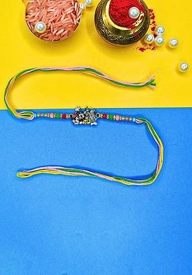 Green Set Of 3 Ad Stones Studded And Beaded Cotton Thread Rakhi