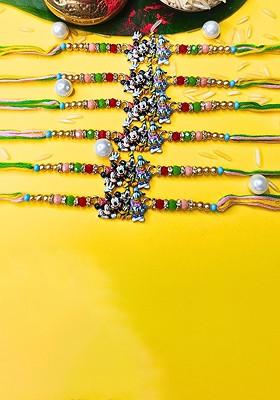 Green Set Of 6 Ad Stones Studded And Beaded Cotton Thread Rakhi