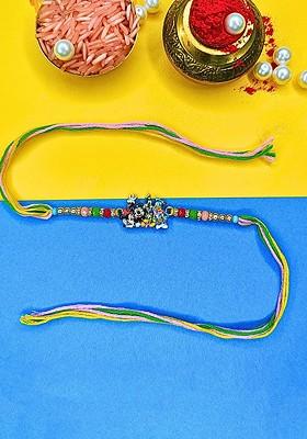 Yellow Set Of 12 Beaded Cotton Thread With Ad Stones And Meenakari Thread Rakhi