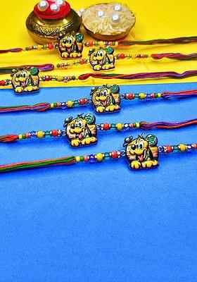 Red Set Of 6 Ad Stones Studded And Beaded Cotton Thread Rakhi