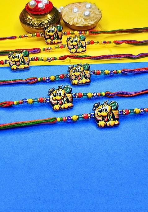 Red Set Of 6 Ad Stones Studded And Beaded Cotton Thread Rakhi