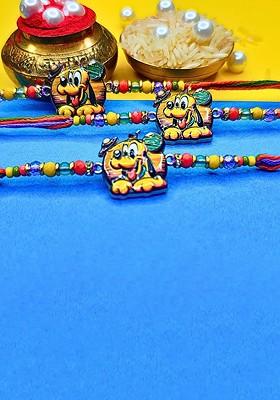 Yellow Set Of 3 Ad Stones Studded And Beaded Cotton Thread Rakhi