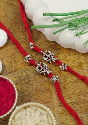 Red Set Of 2 Om Design Thread Rakhi With Roli Chawal
