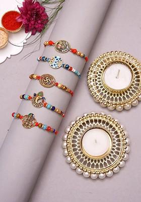 Gold 9Pcs Thread Rakhi Gift Set