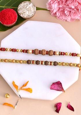 Gold 5Pcs Thread Rakhi With Buddha Gift Set