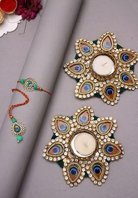Set Of 2 Rakhi With 2 Candle Holder