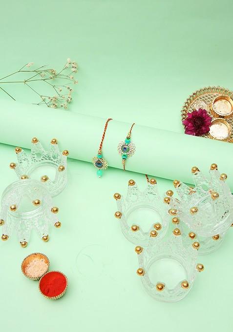 Set Of 2 Rakhi With 5 Candle Holder