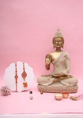 3Pcs Rakhis With Showpiece Card And Roli Chawal