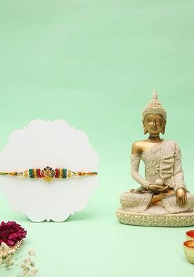 Gold Artificial Stones Studded And Beaded Thread Rakhi With Spiritual Buddha