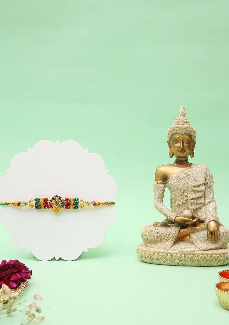 Gold Artificial Stones Studded And Beaded Thread Rakhi With Spiritual Buddha - Indya