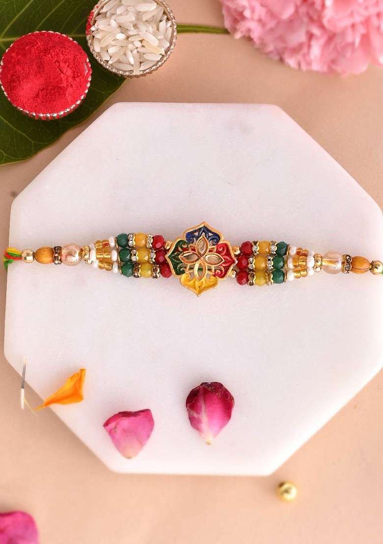 Gold Artificial Stones Studded And Beaded Thread Rakhi With Spiritual Buddha - Indya