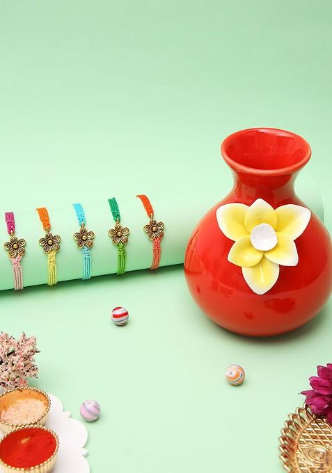 Multi Set Of 5 Thread Rakhi With Vase