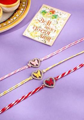 Pink Kids Set Of 3 Heart Shape Artificial Stones Thread Rakhi With Roli Chawal