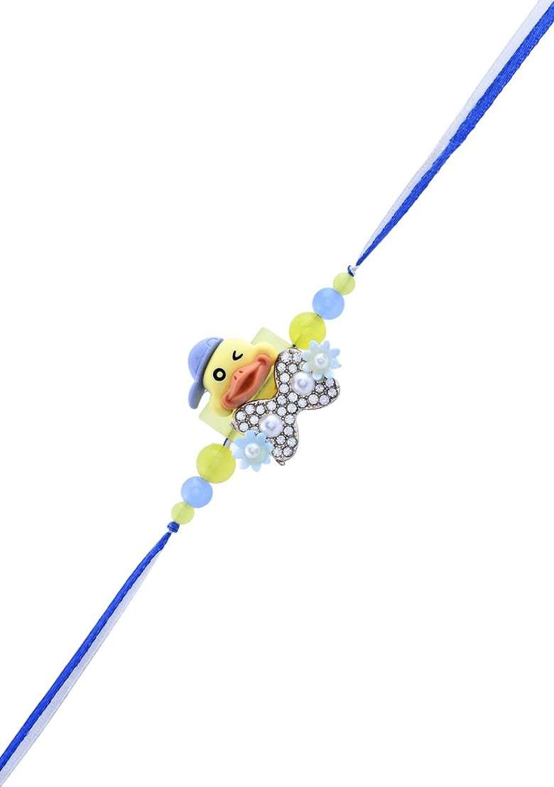 Blue Kids Winking Duck Cap And Crystal Bow Tie Beaded Thread Rakhi - Indya