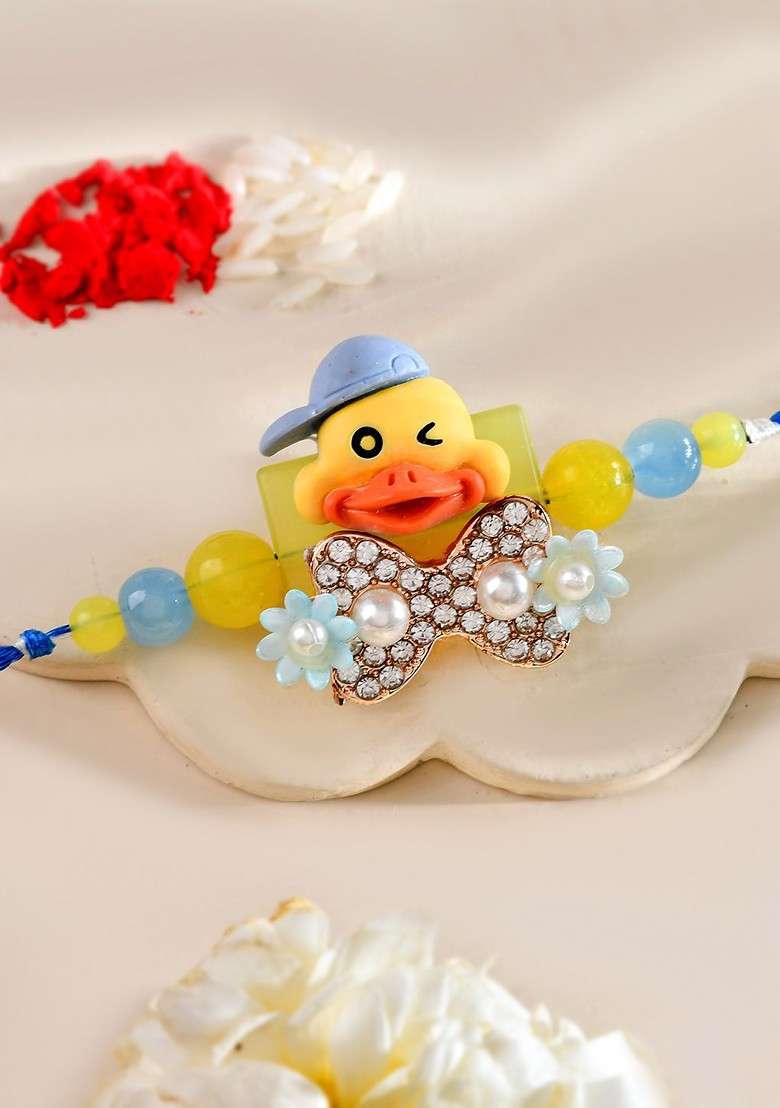 Blue Kids Winking Duck Cap And Crystal Bow Tie Beaded Thread Rakhi - Indya