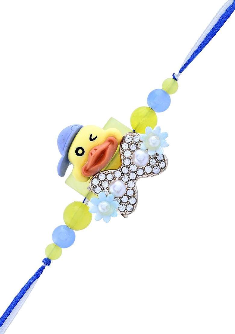 Blue Kids Winking Duck Cap And Crystal Bow Tie Beaded Thread Rakhi - Indya