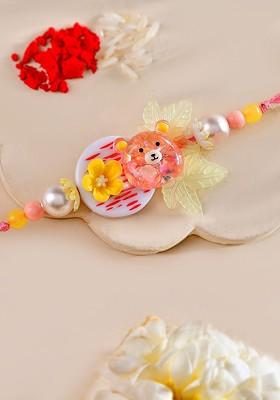 Yellow Kids Teddy Bear Beaded Floral Design Thread Rakhi