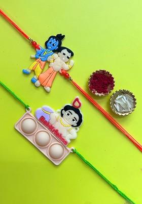 Orange Kids Set Of 2 Balkrishna And Chhota Bheem Thread Rakhis With Roli Chawal
